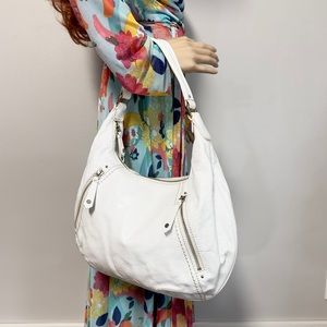 COLE HAAN VILLAGE OPTIC WHITE CRINKLE PATENT LEATHER ZIP HOBO SILVER HARDWARE